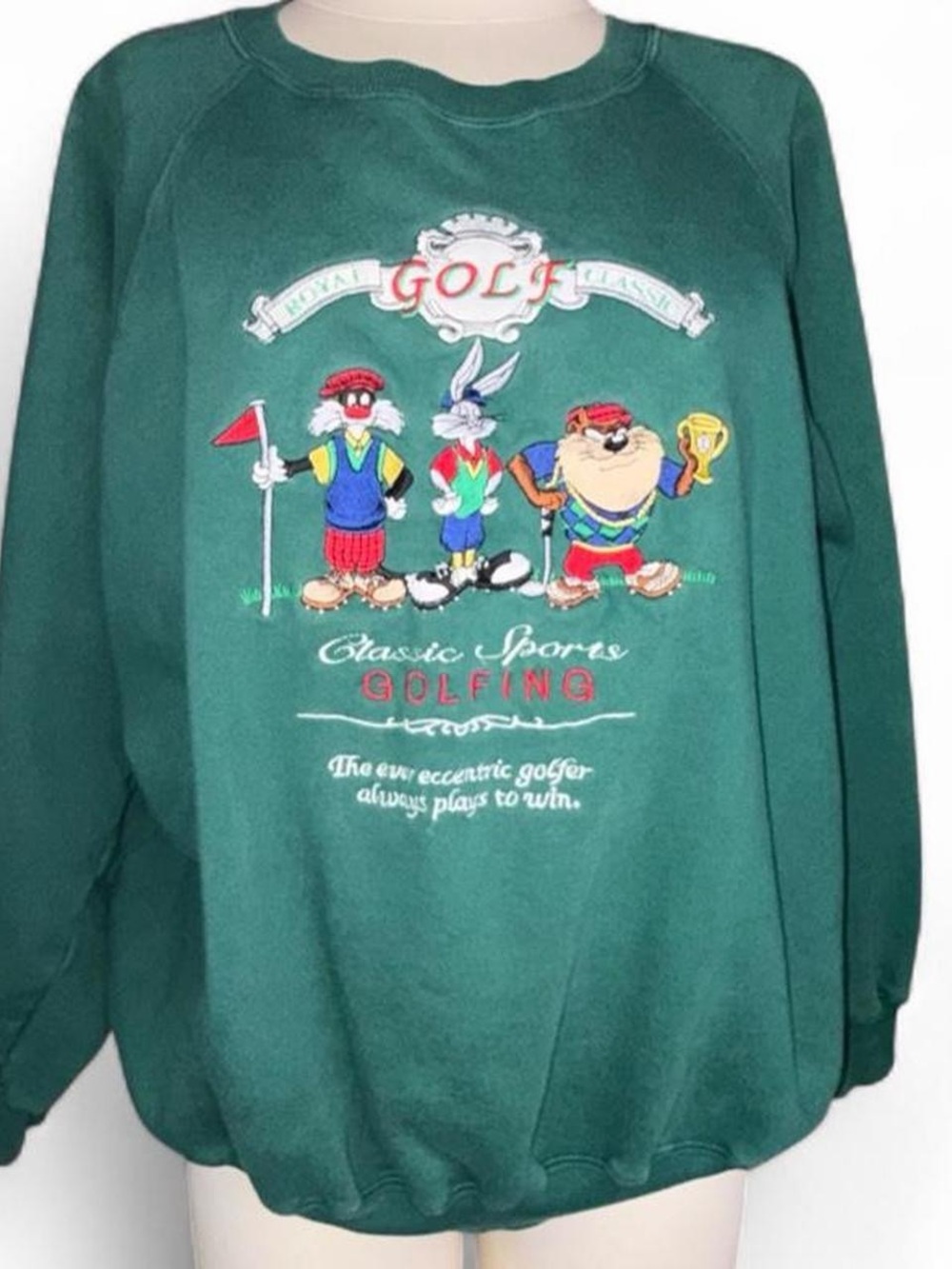 Vintage 90s Looney Tunes Golf Embroidered Green Crewneck Bugs Taz Sylvester Sz L